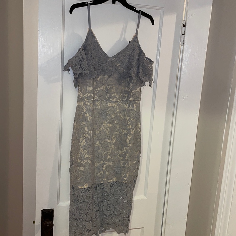 Blue sheer lace off the shoulder dress